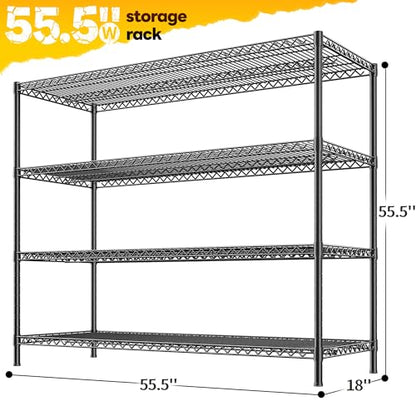 2560LBS Storage Shelves 55.5"W Metal Shelving Unit 4 Tier Wire Shelving Commercial Adjustable Garage Shelving Heavy Duty for Storage Rack for Pantry (55.5"H x 55.5"W x 18"D)