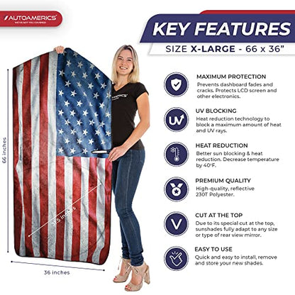 Truck Windshield Sun Shade with Storage Pouch & Anti (USA GRUNGE FLAG-3 / X-LARGE = 66 x 36 inches)