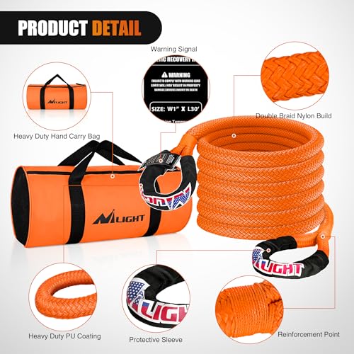 Kinetic Recovery Rope 33000 LBS 1" x 30ft Snatch Strap Heavy Duty Offroad Towing Starp Kit Vehicle Recovery kit for UTV ATV SUV Truck Car Jeep Tractor (1in x 30ft Rope / Straps)