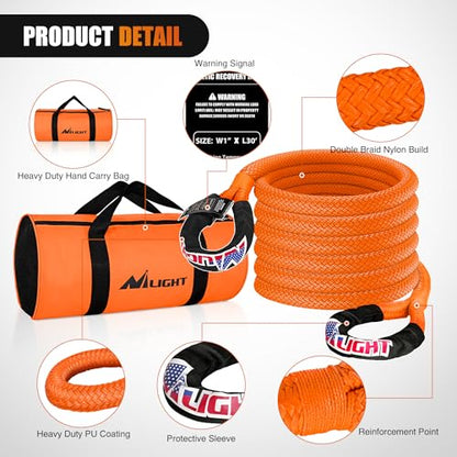 Kinetic Recovery Rope 33000 LBS 1" x 30ft Snatch Strap Heavy Duty Offroad Towing Starp Kit Vehicle Recovery kit for UTV ATV SUV Truck Car Jeep Tractor (1in x 30ft Rope / Straps)