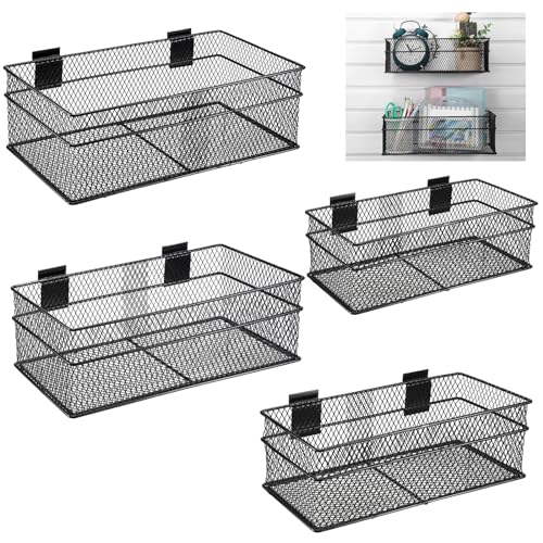 4 Pcs Slatwall Basket Set Ventilated Metal Slatwall Basket Hanging Wire Bins Wall Mounted Accessories for Panel Garage Storage Display Organizing (Assorted Sizes / Black)