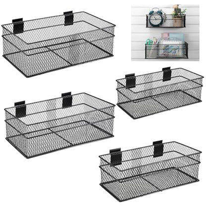 4 Pcs Slatwall Basket Set Ventilated Metal Slatwall Basket Hanging Wire Bins Wall Mounted Accessories for Panel Garage Storage Display Organizing (Assorted Sizes / Black)