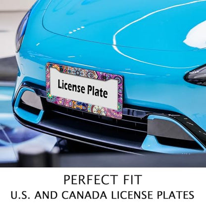 Mandala License Plate Frame Cute Floral Purple License Plate Holder Boho Flower Car Tag Holder Frame Metal Aluminum Rustproof Car Accessories for Women with 2 Holes and Screws 12.2 x 6.3 Inches (Mandala Pattern)