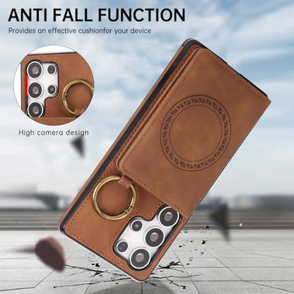 Compatible with Samsung Galaxy S24 Ultra 5G Wallet Case and Screen Protector Crossbody Shoulder Strap Stand Card Holder Magnetic Car Mount Cell Phone Cover for S24Ultra S 24 24Ultra Women Men Brown (Brown / for S24 Ultra)