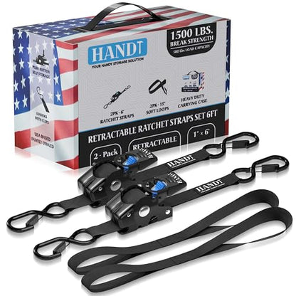 USA Based Retractable Ratchet Straps (1in x 6ft - 2 Pack / Black)