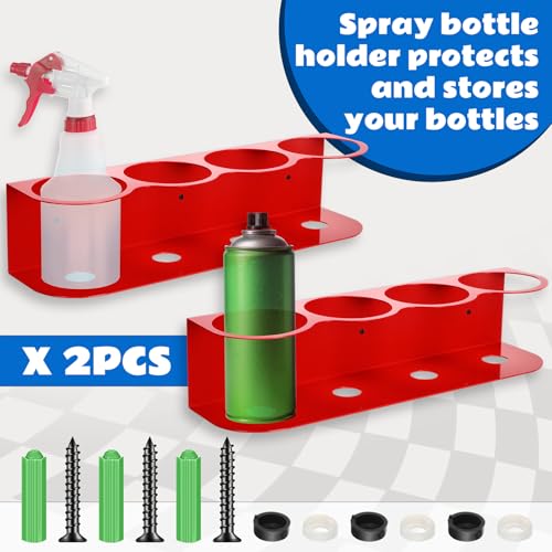 2 Pcs All Purpose Steel Spray Bottle Holder Heavy Duty Can Holder Rack Organizer Easy Install Wall Mount Paint Spray Bottle Organizer Storage Rack for Garage Home Workspace (Red / 4 Holes)