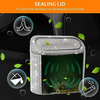 Bling Car Trash Can with 30pcs Garbage Bags (Black/White Rhinestone)