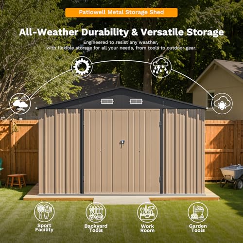 10 x 12 FT Metal Storage Shed for Outdoor with Floor Frame (Brown / 10x12 FT)