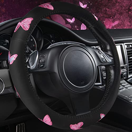 Pink Embroidery Butterfly Steering Wheel Cover (Black and Pink)