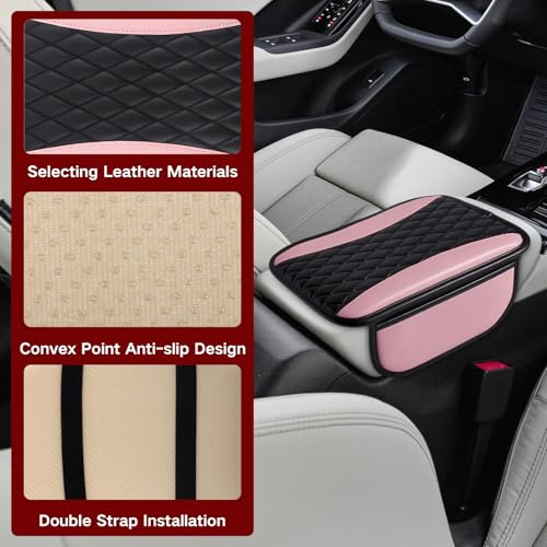 Leather Car Center Console Cover with Side Storage Pockets (BlackPink)