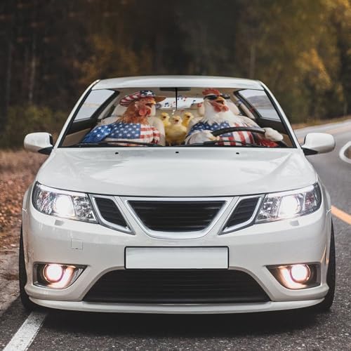 Rooster American Flag Chicken Car Windshield Sunshade Umbrella Car Foldable Umbrella Sunshade for Front Window UV Reflector Auto Windshield Umbrella Sun Shades Cover for Most Vehicles 57'' X 30 (57'' X 30'' / JSDK-58A)