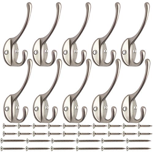 10 Pack Silvery Double Coat Hooks Utility Hooks for Coat (Silvery)