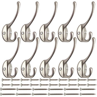 10 Pack Silvery Double Coat Hooks Utility Hooks for Coat (Silvery)