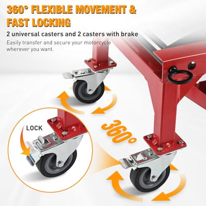 Motorcycle Lift Table Jack 300 LBS Heavy Duty Hydraulic Motorcycle Scissor Jack Lifts Table Foot Pedal with 4 Caster Wheels Wide Deck for Motorbike Dirt Bike ATV Garage Repair Tool (Red Hydraulic Lift Table)