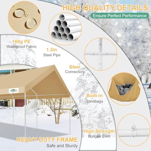 Carport 12x20ft Heavy Duty Portable Garage (Khaki / 12'x20'(+4 Wall))