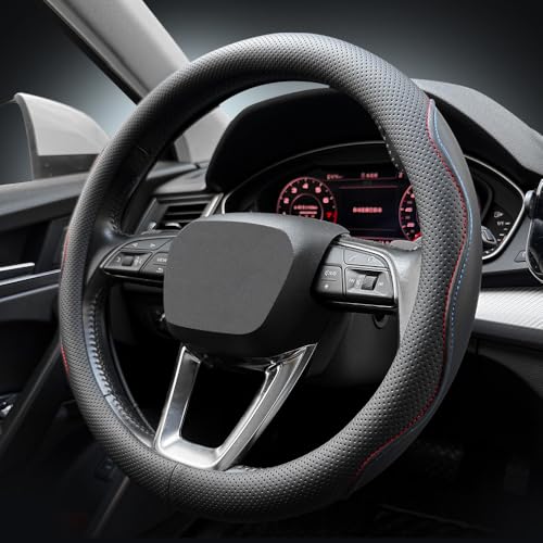 Nappa Premium Leather car Steering Wheel Cover (Black-B)