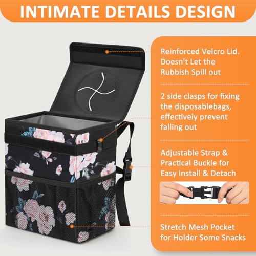 Car Trash Can with Lid Leak Proof Car Accessories for Women (2.2 Gallons / Black Floral)