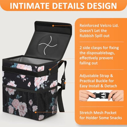 Car Trash Can with Lid Leak Proof Car Accessories for Women (2.2 Gallons / Black Floral)