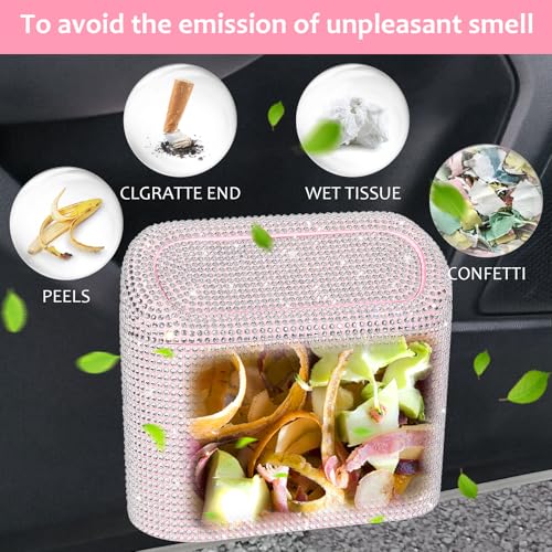 Bling Car Trash Can with Lid (Light Pink/White Rhinestone)