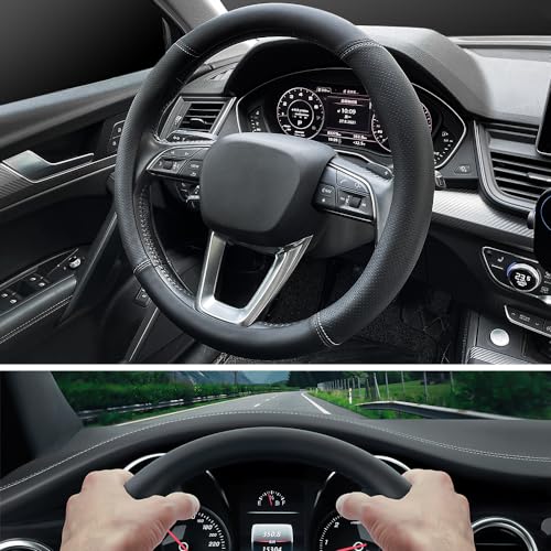 Nappa Premium Leather car Steering Wheel Cover (Black (red blue line))