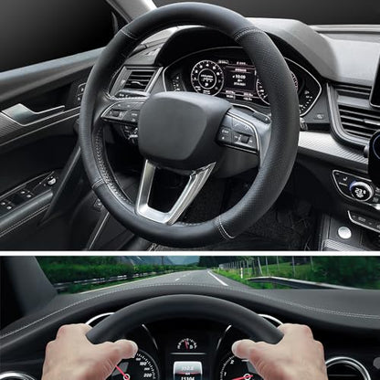 Nappa Premium Leather car Steering Wheel Cover (Black (red blue line))
