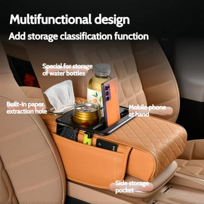 Car Center Console Cover Booster Multifunctional Car Center Console Cushion Pad with Cup Holder & Tissue Box & Side Pockets Arm Rest Cover for Car (Quilting / Black&red)