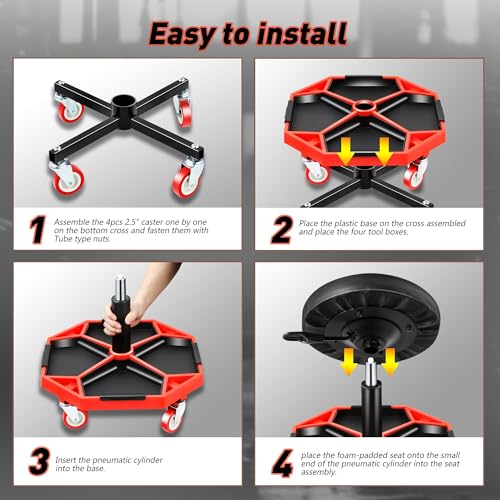 TOOLS 00253 Adjustable Height Pneumatic Garage Seat Rolling Mechanic Stool with Tool Tray Storage (Red)