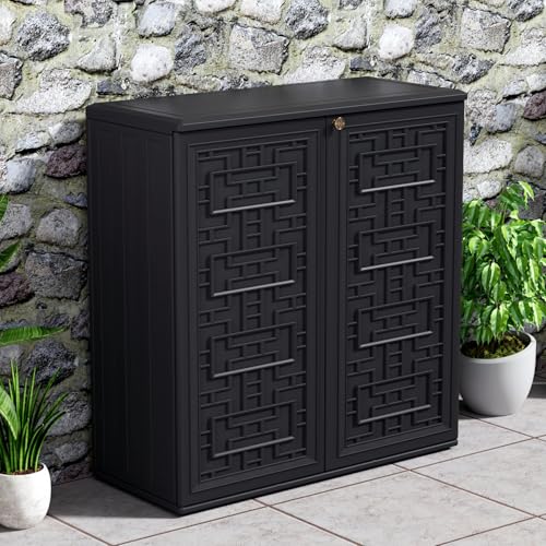 Indoor Outdoor Storage Cabinet Waterproof with Shelf (Black)