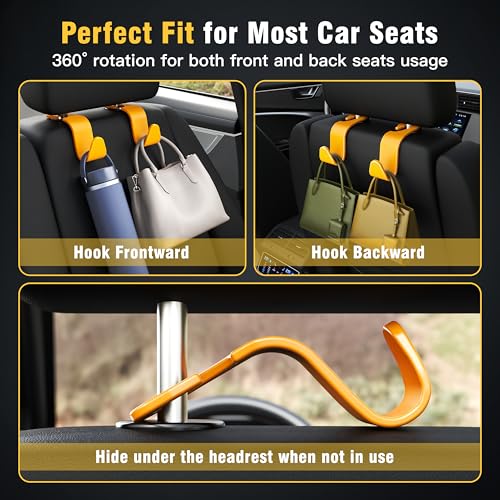 4 Pack Car Headrest Hooks Holds 55lbs Seat Storage Organizer for Bags (Yellow)