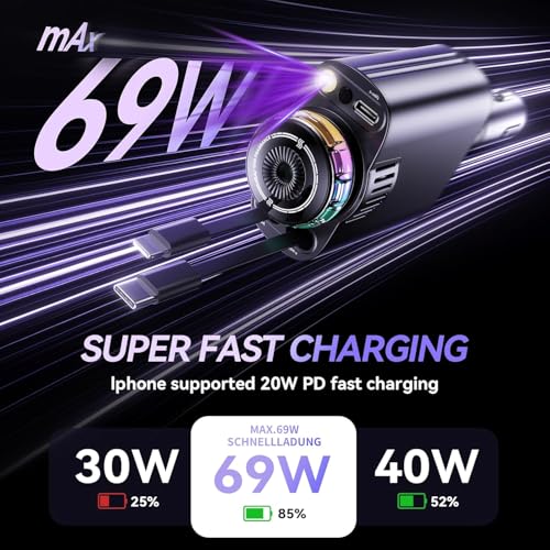Smart Retractable Car Charger 69W USB C Fast Charge Air Freshener Starlight (Black)
