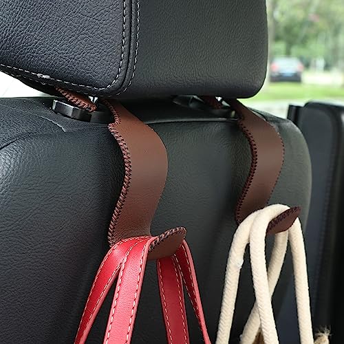4 Pack Car Headrest Hooks Holds 55lbs Seat Storage Organizer for Bags (Leather Brown)