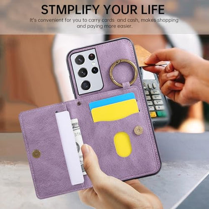 Compatible with Samsung Galaxy S21 Ultra 5G Wallet Case Screen Protector Crossbody Shoulder Strap Ring Buckle Stand Card Holder Phone Cover for S21ultra 21S S 21 21ultra G5 Women Men Purple (Purple / for S21 Ultra)