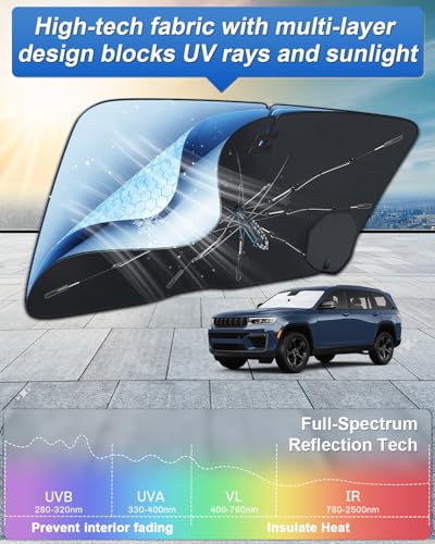 for 2026 2027 Jeep Grand Cherokee Car Windshield Sun Shade Umbrella for 2026 2027 Jeep Grand Cherokee Accessories Window Sunshade Easy Fold Reflective Heat & UV Protection Sun Visor Blocker (2026 Grand Cherokee)