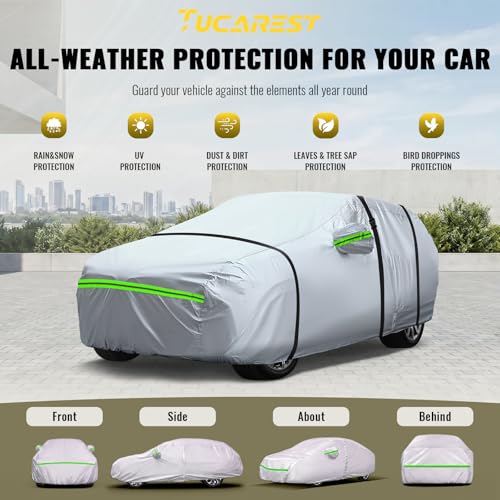 6 Layers Premium Full Car Cover Hard Shell Zipper Design Waterproof All Weather Weatherproof UV Sun Protection Snow Dust Storm Resistant Outdoor with Straps (Green reflective strip / Sedan-S ( Fit for Sedan 165"- 181" ))