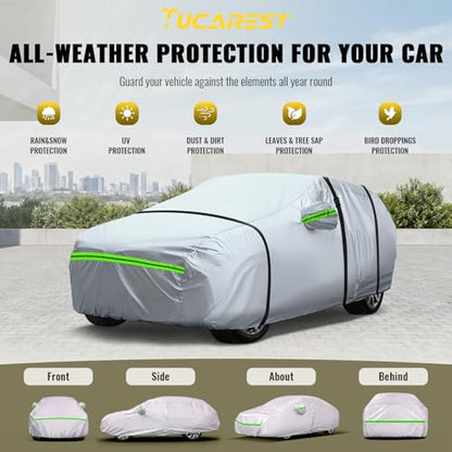 6 Layers Premium Full Car Cover Hard Shell Zipper Design Waterproof All Weather Weatherproof UV Sun Protection Snow Dust Storm Resistant Outdoor with Straps (Green reflective strip / Sedan-S ( Fit for Sedan 165"- 181" ))
