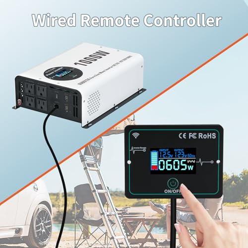 1000W Power Inverter Pure Sine Wave 12V DC to 120V AC (1000W-Wireless / 12V)