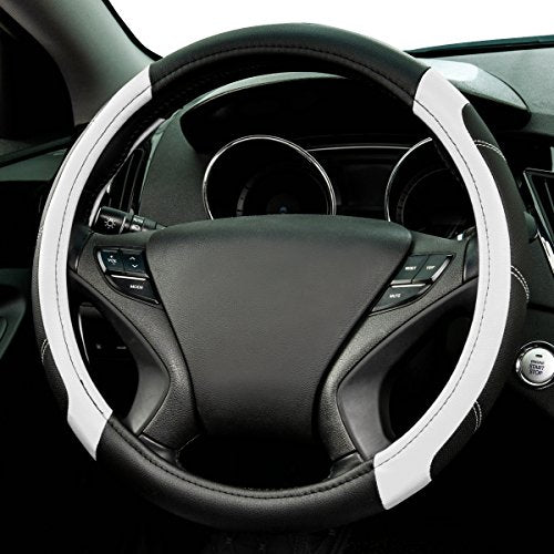 Line Rider Microfiber Leather Sporty Steering Wheel Cover Universal Fits for 95% Truck (Black＆White / Standard[14.5"-15"])