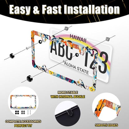 Stainless Steel Abstract Graffiti License Plate Frame 12.3 x 6.3 Inch (Abstract Colorful Graffiti Pattern)
