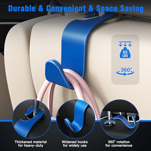 4 Pack Car Headrest Hooks Holds 55lbs Seat Storage Organizer for Bags (Blue)