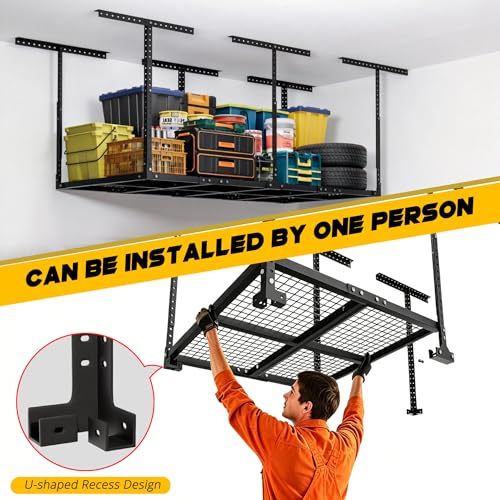 3 x 8FT Overhead Garage Storage Rack (Black / 3x8 FT Without Sidebar)
