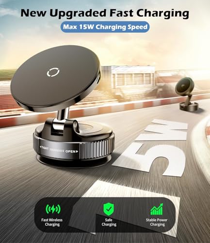 15W Wireless Charger Magnetic Car Phone Holder [Vacuum Suction Cup] 360° Adjustable & Foldable Car Mount for Dashboard (Car Charger Mount)