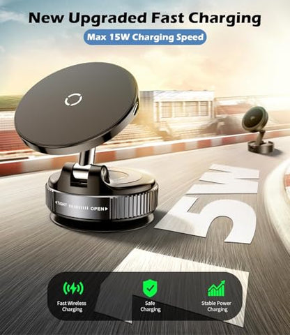 15W Wireless Charger Magnetic Car Phone Holder [Vacuum Suction Cup] 360° Adjustable & Foldable Car Mount for Dashboard (Car Charger Mount)