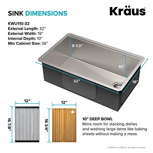 KWU110-32-100-100MB, Kore Workstation 32-inch Undermount 16 Gauge Single Bowl Stainless Steel Kitchen Sink with WasteGuard 1 HP Continuous Feed Garbage Disposal (Stainless Steel / 32 Inch / Sink and Garbage Disposal 1HP)