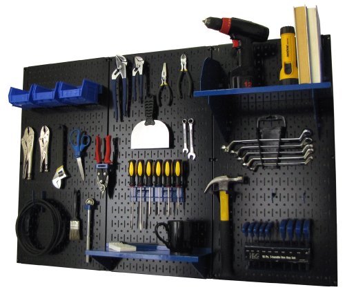 Pegboard Organizer 4 ft. Metal Pegboard Standard Tool Storage Kit with Black Toolboard and Blue Accessories (Black Pegboard Blue Accessories)