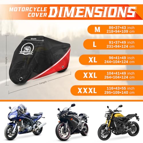 Motorcycle Cover Waterproof Outdoor Storage All Weather Protection (XXXL-116 inch / Red)