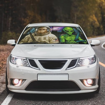 Funny Alien Astronaut Car Windshield Sun Shade Umbrella Bendable Handle Foldable Funny Sunshade for Car Windshield Block UV Rays Keep Vehicle Cool for Most Sedans SUV Trucks Cars 57"x30" (147*75cm,33*11cm / Funny Alien Astronaut)