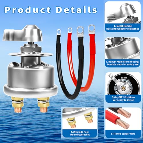 200A Battery Disconnect Switch 12V 48V Battery Shut Off Switch Master Power Isolator Marine On Off Kill Switch for Car (200A Battery Disconnect Switch with Cable)