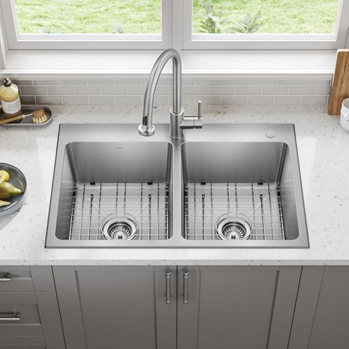 Stainless Steel 33 in Double Bowl Drop In Kitchen Sink KHT632 (33 Inch / Double Bowl — Drop In)