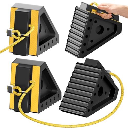 4 Pack Heavy Duty Wheel Chocks with 39" Rope & Dual Reflective Strips (4 Pack)