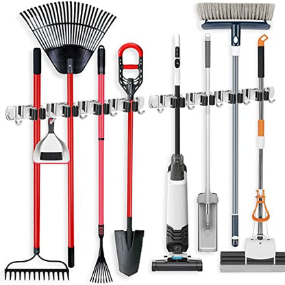2 Pack Broom Holder Wall Mount Stainless Steel Mop Organizer (Stainless Steel - 4 Racks with 5 Hooks / 2 Pack)